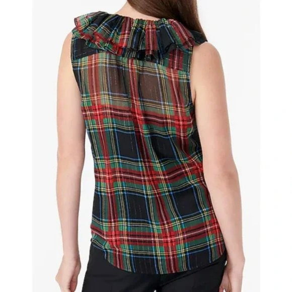 NWT J. Crew Sleeveless Ruffle Collar Black Stewart Tartan Plaid Blouse. SZ S - Picture 4 of 5